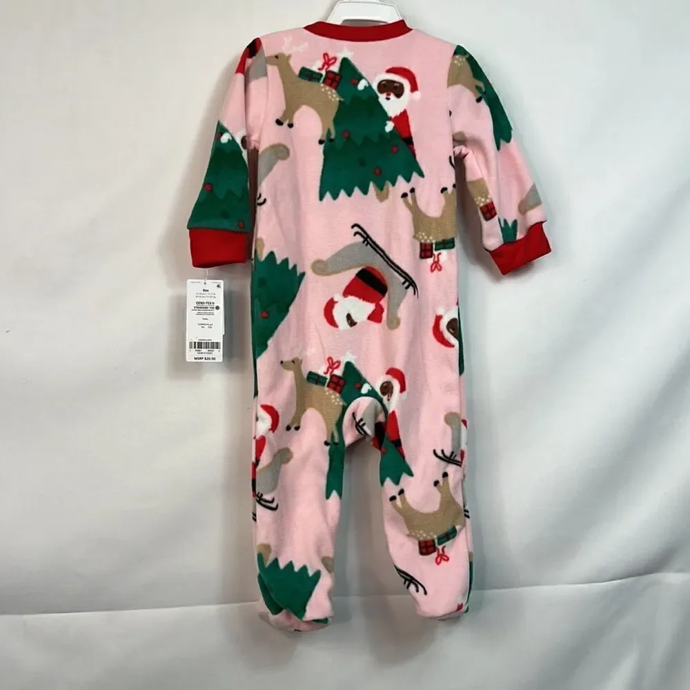 Carter’s Pink Brown Santa Sleep and Play fleece 9 months NWT